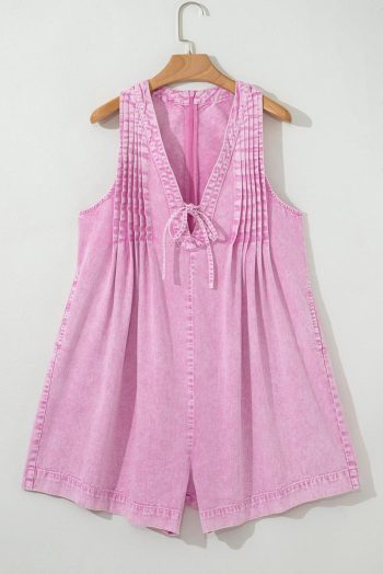Women Bonbon Mineral Wash Knot V Neck Pleated Denim Romper | Rompers