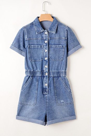 Women Dusk Blue Chest Pocket Front Buttoned Folded Edge Denim Short Sleeve Romper | Rompers